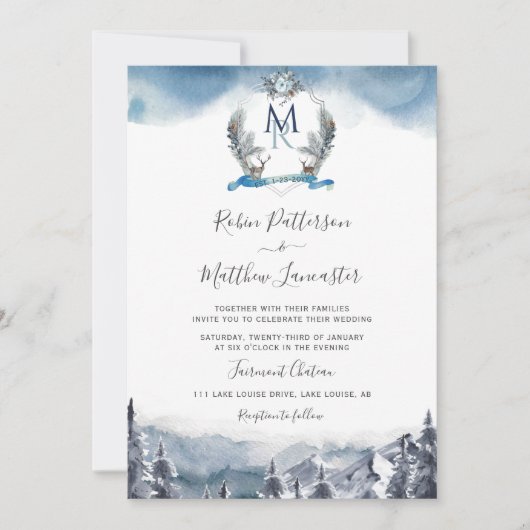 ダスティーブルーの水彩山とクレスト、結婚式 招待状 (正面)