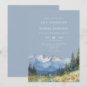 ダスティーブルーの水彩山のワイルドフラワーウェディング 招待状 (正面/裏面)