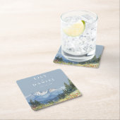 ダスティーブルーの水彩山の野生の花の結婚式 スクエアペーパーコースター (インサイチュ)