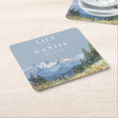 ダスティーブルーの水彩山の野生の花の結婚式 スクエアペーパーコースター (アングル)