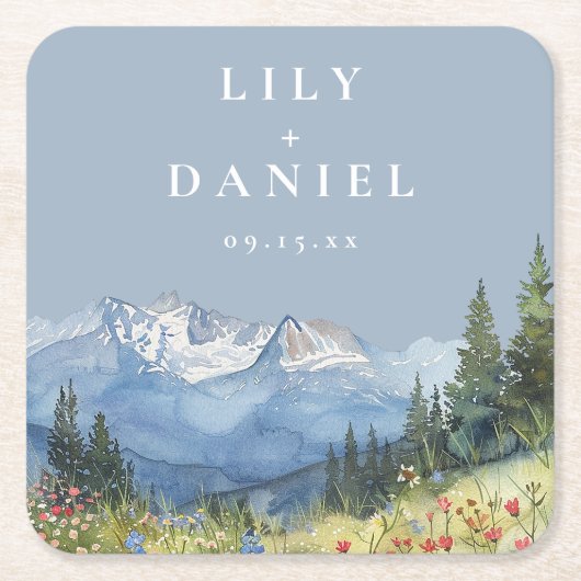 ダスティーブルーの水彩山の野生の花の結婚式 スクエアペーパーコースター (正面)