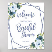 ダスティーブルーの水彩花のウェルカムサイン ブライダルシャワー ポスター (正面)