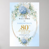 ダスティーブルーの水彩花のゴールド 80歳の誕生日 ポスター (正面)