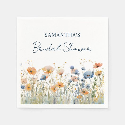 ダスティーブルーの水彩花のブライダルシャワー スタンダードカクテルナプキン (正面)
