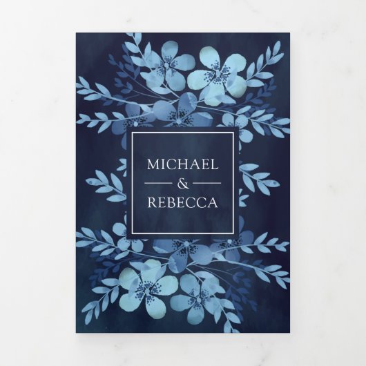 ダスティーブルーの水彩花の写真 ネイビーウェディング 三つ折り招待状 (カバー)