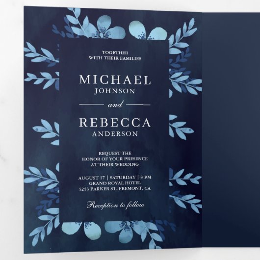ダスティーブルーの水彩花の写真 ネイビーウェディング 三つ折り招待状 (内部最初)