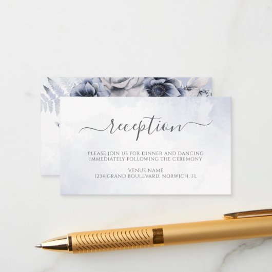 ダスティーブルーの水彩花の結婚式の披露宴 エンクロージャーカード (正面/裏面インサイチュ)