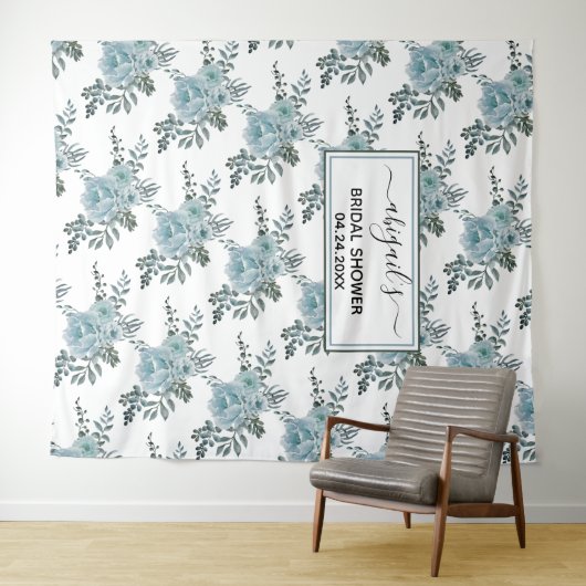 ダスティーブルーの水彩花の花束 ブライダルシャワー タペストリー (インサイチュ(横))