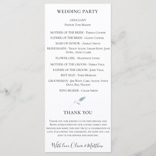 ダスティーブルーの水彩花イラストのウェディングプログラム プログラム (裏面)