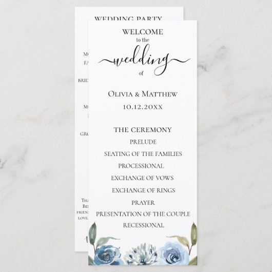 ダスティーブルーの水彩花イラストのウェディングプログラム プログラム (正面/裏面)