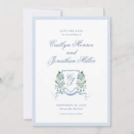 ダスティーブルーの水彩花イラストの結婚式Save the Date