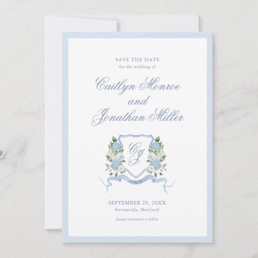 ダスティーブルーの水彩花イラストの結婚式Save the Date (正面)