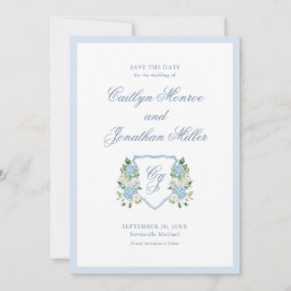ダスティーブルーの水彩花イラストの結婚式Save the Date 招待状