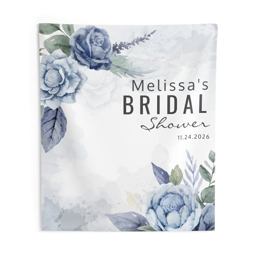 ダスティーブルーの水彩花イラストタイポグラフィ タペストリー