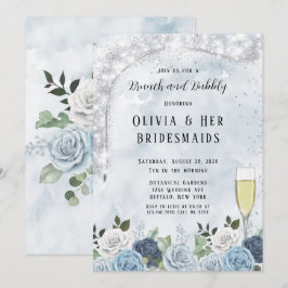 ダスティーブルーの水彩花柄のランチとバブルリー 招待状