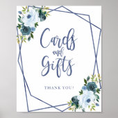 ダスティーブルーの水彩花柄カード＆ギフトサイン ポスター (正面)