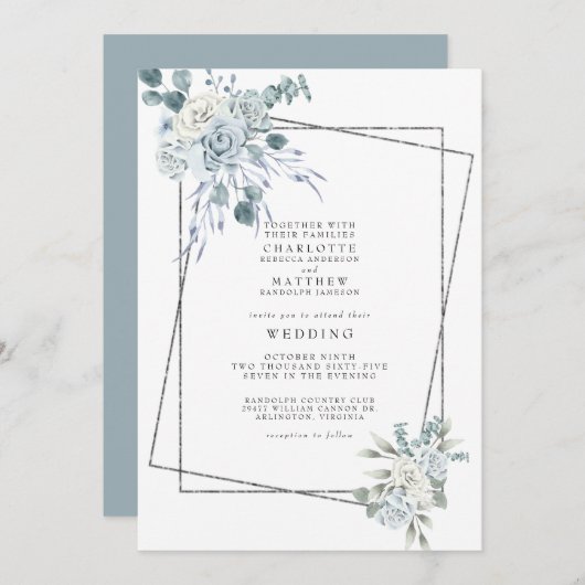ダスティーブルーの水彩花柄幾何学模様のウェディング 招待状 (正面/裏面)