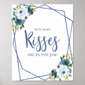 ダスティーブルーの水彩花柄　キスの数サイン ポスター (正面)