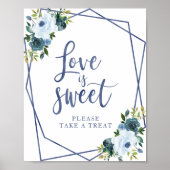 ダスティーブルーの水彩花模様の「Love Is Sweet」サイン ポスター (正面)