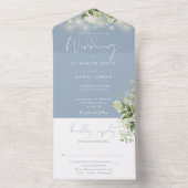 ダスティーブルーの糸のランタンとグリーンのイニシャル結婚式 オールインワン招待状 (内側)