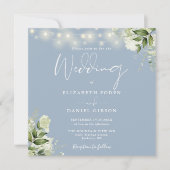 ダスティーブルーの糸のランタンと花の写真 ウェディング 招待状 (正面)