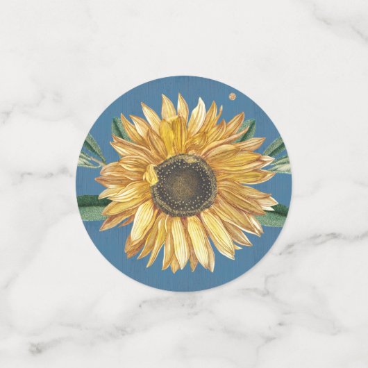 ダスティーブルーの納屋の木材とゴールドのひまわり ウェディング コンフェッティ (スモール正面)