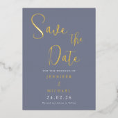 ダスティーブルーの結婚式Save The Dateパレット ゴールド 箔招待状 (正面)