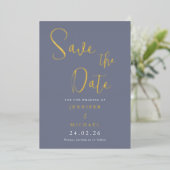 ダスティーブルーの結婚式Save The Dateパレット ゴールド 箔招待状 (立ち正面)