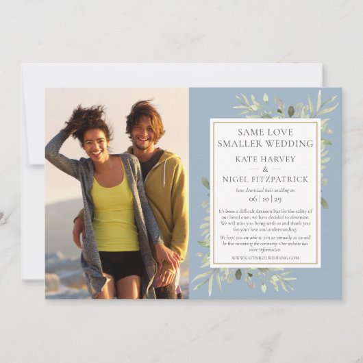 ダスティーブルーの縮小マイクロウェディング発表 招待状 (正面)