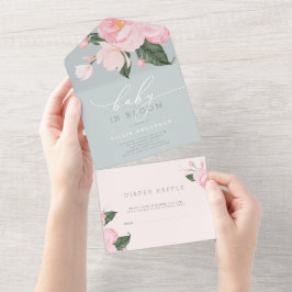ダスティーブルーの花が咲く女の子のベイビーシャワー オールインワン招待状