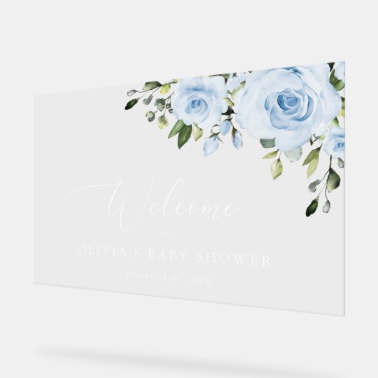 ダスティーブルーの花とグリーン、ベビーシャワーの歓迎 アクリルサイン (傾斜)