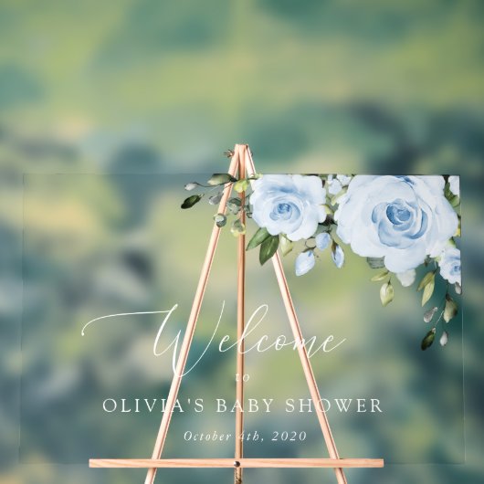 ダスティーブルーの花とグリーン、ベビーシャワーの歓迎 アクリルサイン (ニュートラル)