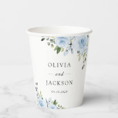 ダスティーブルーの花とグリーン、ボヘミア、フラワーのウェディング 紙コップ (裏面)