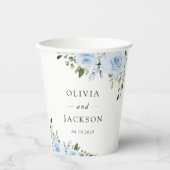 ダスティーブルーの花とグリーン、ボヘミア、フラワーのウェディング 紙コップ (正面)