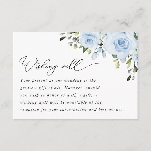 ダスティーブルーの花とグリーン、結婚式のウィッシュウェル エンクロージャーカード (正面)