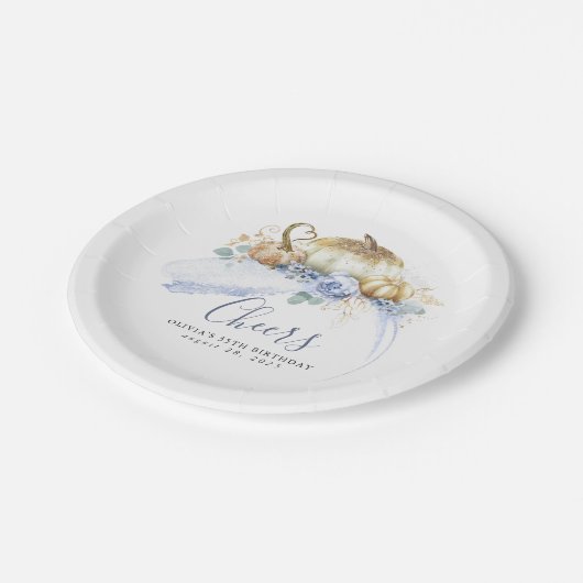 ダスティーブルーの花とゴールドグリッターのかぼちゃの秋 ペーパープレート (アングル)