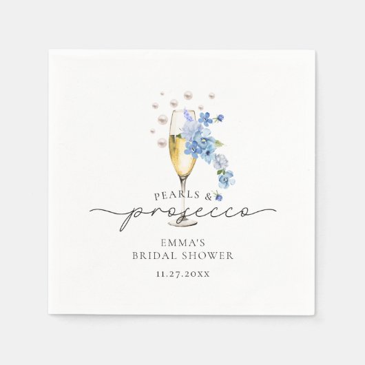 ダスティーブルーの花とパールのプリンセスシャワー スタンダードカクテルナプキン (正面)