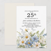 ダスティーブルーの花と白いデイジー 25周年記念 招待状 (正面/裏面)