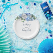 ダスティーブルーの花と緑の結婚式用ハイドランジア ペーパープレート (パーティー)