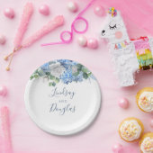 ダスティーブルーの花と緑の結婚式用ハイドランジア ペーパープレート (パーティー)