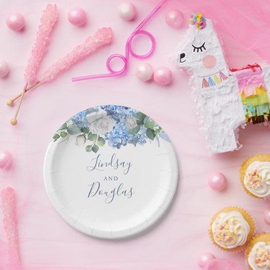 ダスティーブルーの花と緑の結婚式用ハイドランジア ペーパープレート (パーティー)