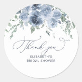 ダスティーブルーの花のウェディングシャワーのお礼 ラウンドシール (正面)