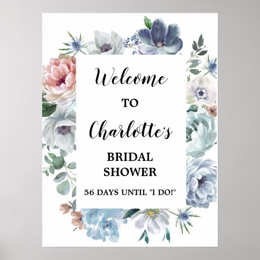 ダスティーブルーの花のウェルカムサイン 結婚前のお祝い ポスター (正面)
