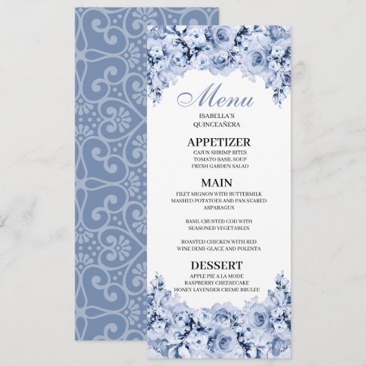 ダスティーブルーの花のキンセアニエラ メニュー招待状 招待状 (正面/裏面)