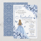 ダスティーブルーの花のキンチアネラ誕生日招待状 招待状 (正面/裏面)