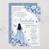 ダスティーブルーの花のキンチアネラ誕生日招待状 招待状 (正面/裏面)