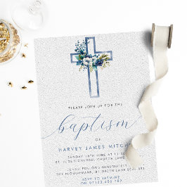 ダスティーブルーの花のクロス 赤ちゃんの洗礼 招待状