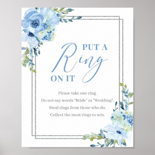 ダスティーブルーの花のシルバー リングにサイン ポスター (正面)