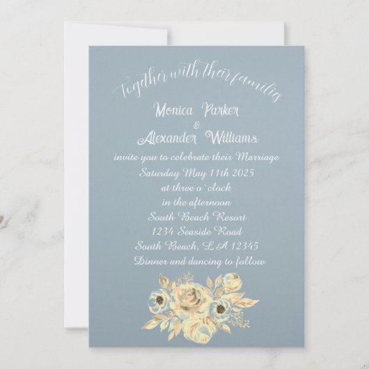 ダスティーブルーの花のスクリプト エレガント ボーホー 招待状 (正面)