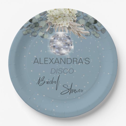 ダスティーブルーの花のディスコボール ブライダルシャワー ペーパープレート (正面)